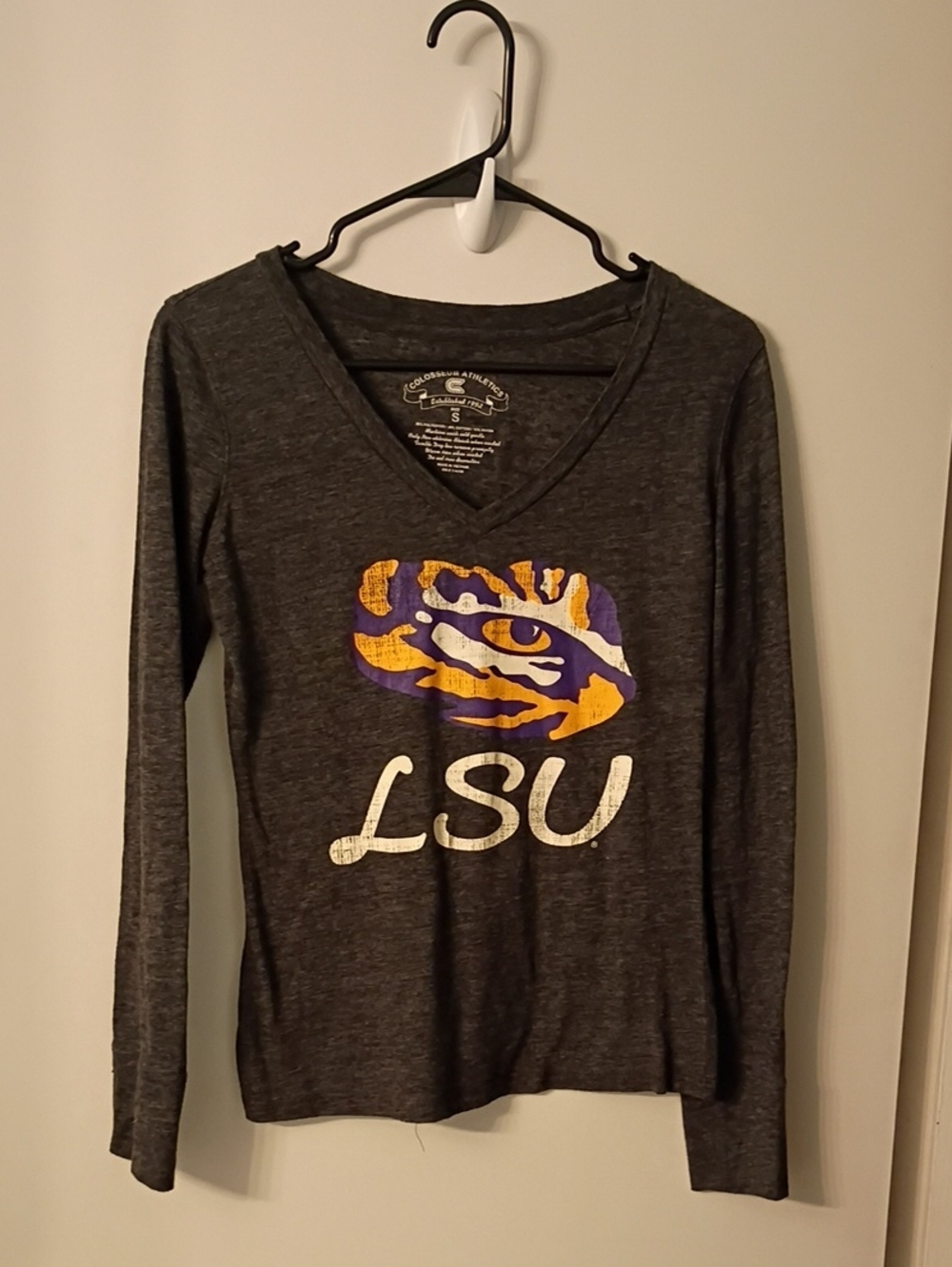 LSU Tiger Eye V-Neck Women's Long Sleeve Tee - Charcoal with Purple & Gold Logo